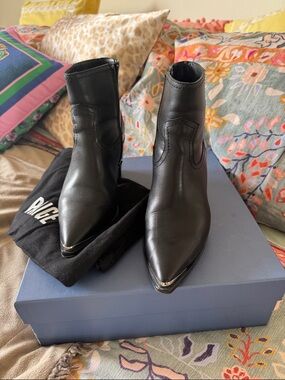 PAIGE Black Pointed Toe Leather Ankle Booties with Metal Toe Accent